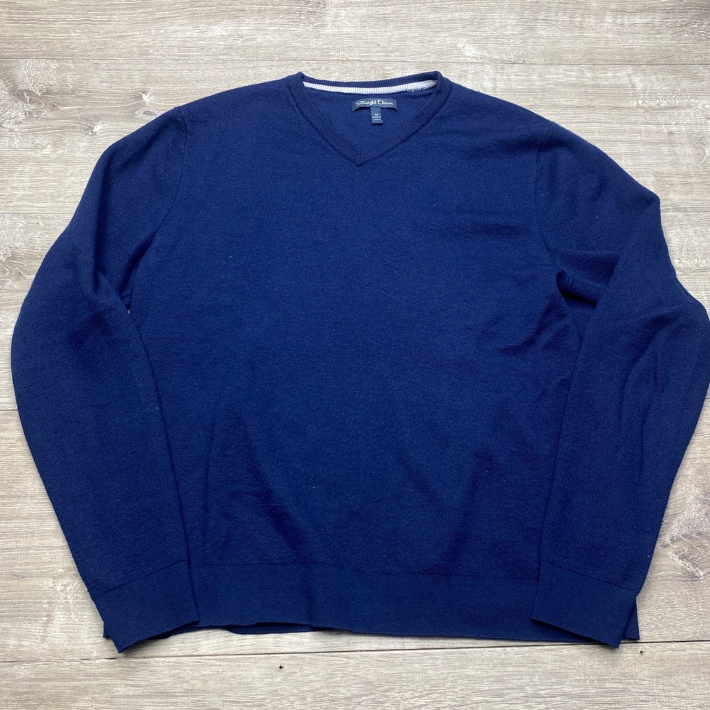 Straight Down‎ Sweater Mens M Navy Blue Merino Wool V-Neck Golf Pullover